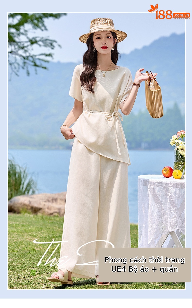 Bộ đầm suông nữ midi tay ngắn cổ tròn thắt eo — màu trắng ngà chi tiết 1