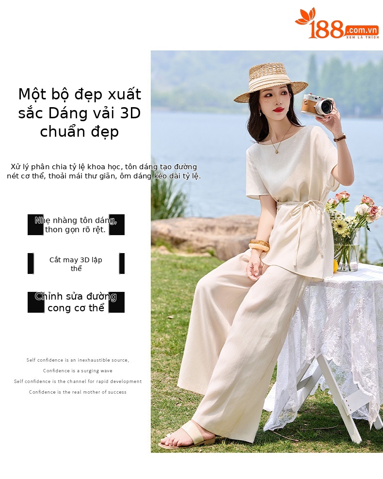 Bộ đầm suông nữ midi tay ngắn cổ tròn thắt eo — màu trắng ngà chi tiết 5