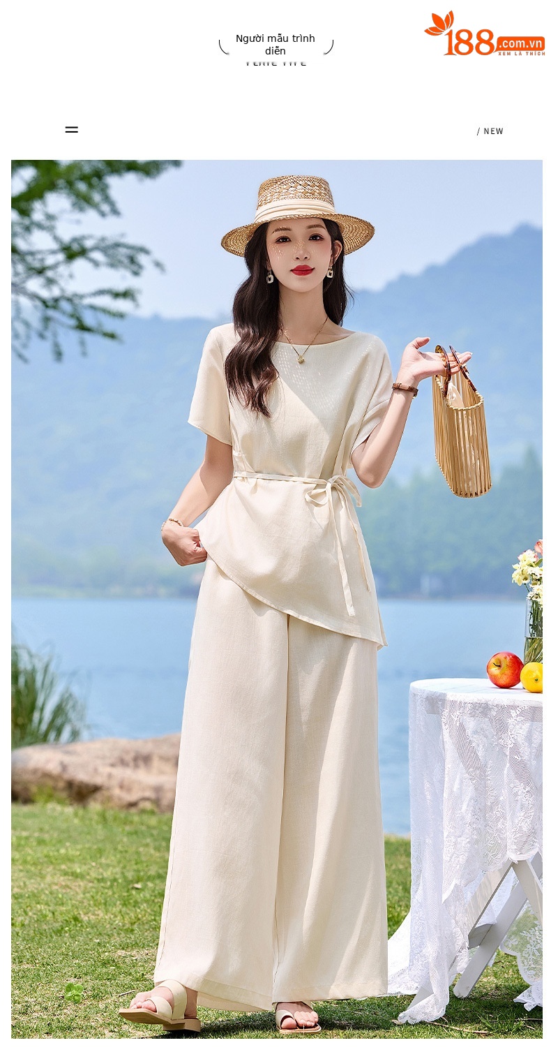 Bộ đầm suông nữ midi tay ngắn cổ tròn thắt eo — màu trắng ngà chi tiết 8