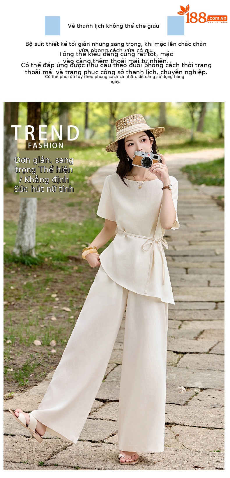 Bộ đầm suông nữ midi tay ngắn cổ tròn thắt eo — màu trắng ngà chi tiết 3