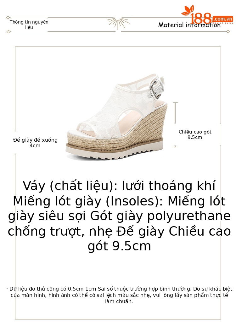 Sandal nữ đế xuồng cao gót mũi hở phong cách Bohemian, chất liệu đan rơm kết hợp lưới thoáng khí — màu hồng nhạt, màu trắng chi tiết 2