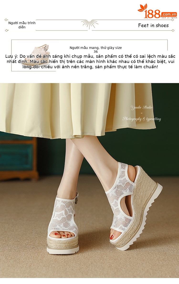 Sandal nữ đế xuồng cao gót mũi hở phong cách Bohemian, chất liệu đan rơm kết hợp lưới thoáng khí — màu hồng nhạt, màu trắng chi tiết 3