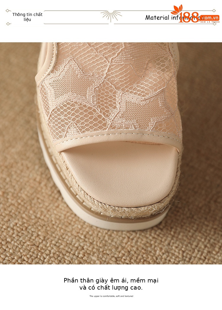 Sandal nữ đế xuồng cao gót mũi hở phong cách Bohemian, chất liệu đan rơm kết hợp lưới thoáng khí — màu hồng nhạt, màu trắng chi tiết 15