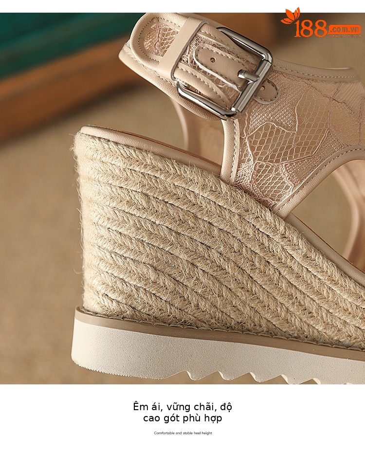 Sandal nữ đế xuồng cao gót mũi hở phong cách Bohemian, chất liệu đan rơm kết hợp lưới thoáng khí — màu hồng nhạt, màu trắng chi tiết 17