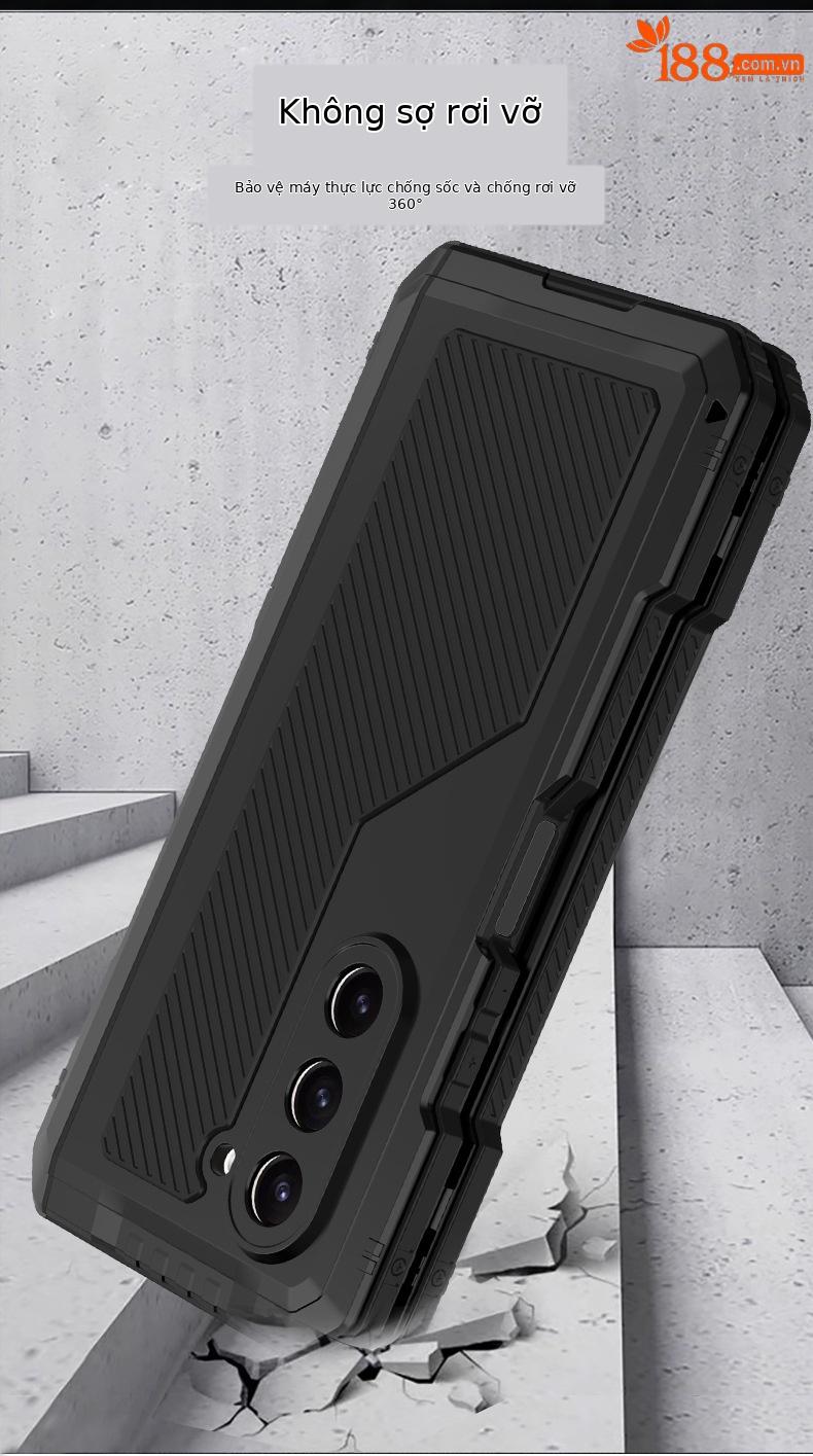 Ốp lưng Samsung Z Fold4/Fold5 kim loại ba lớp chống sốc, chống bụi, có chân đế — đen, đỏ chi tiết 4