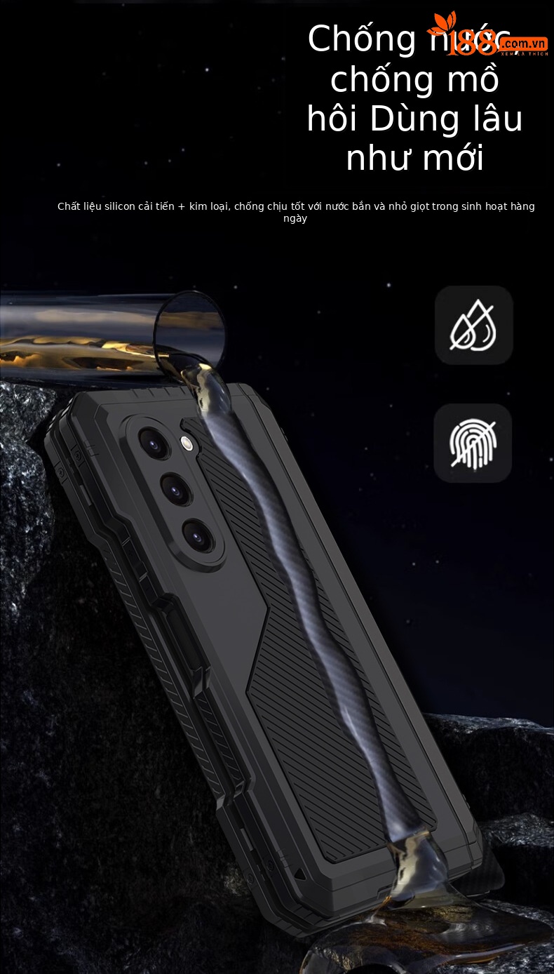 Ốp lưng Samsung Z Fold4/Fold5 kim loại ba lớp chống sốc, chống bụi, có chân đế — đen, đỏ chi tiết 5