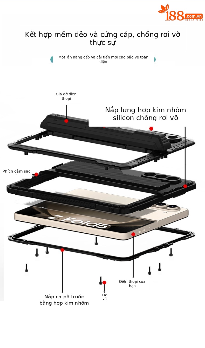 Ốp lưng Samsung Z Fold4/Fold5 kim loại ba lớp chống sốc, chống bụi, có chân đế — đen, đỏ chi tiết 7