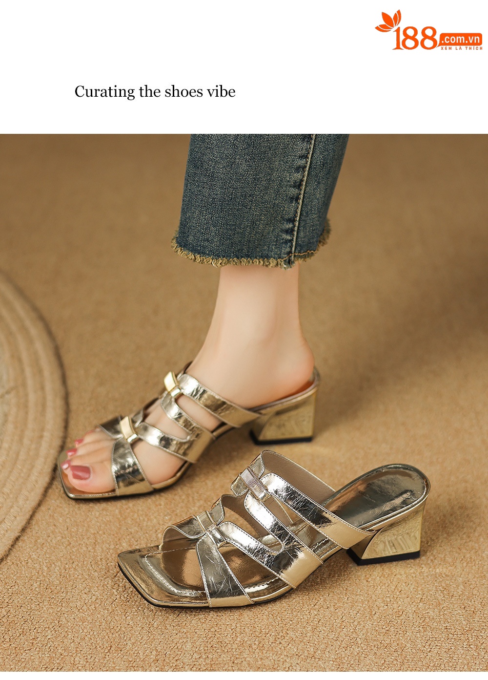 Sandal cao gót nữ hở mũi da dê màu vàng gót thô — màu vàng chi tiết 5