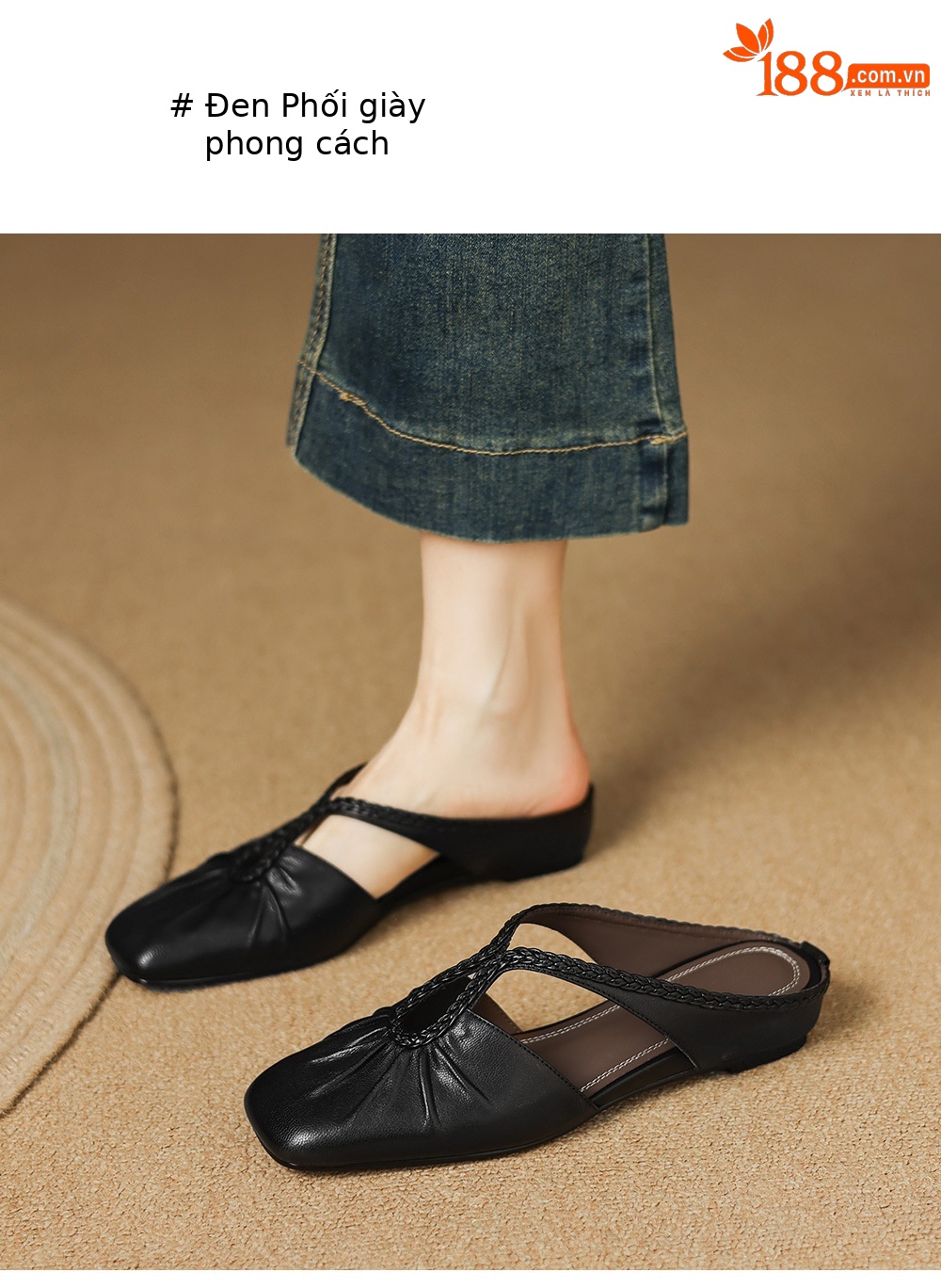 Dép sandal nữ quai chữ V đế bệt mũi tròn phong cách đơn giản — đen chi tiết 14