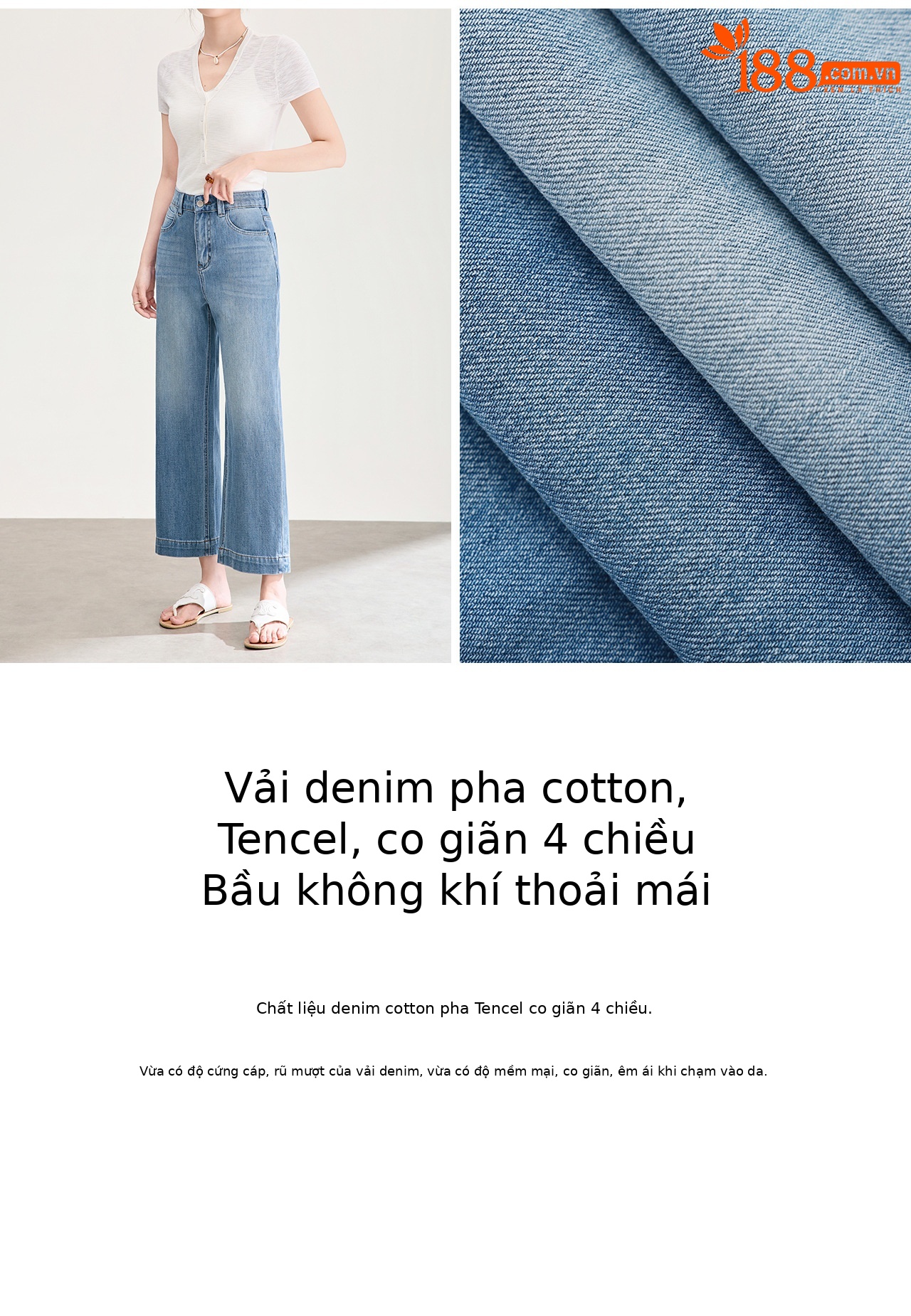 Quần jean nữ cạp cao ống rộng chất liệu cotton pha sợi co giãn mềm mại — xanh lam chi tiết 10