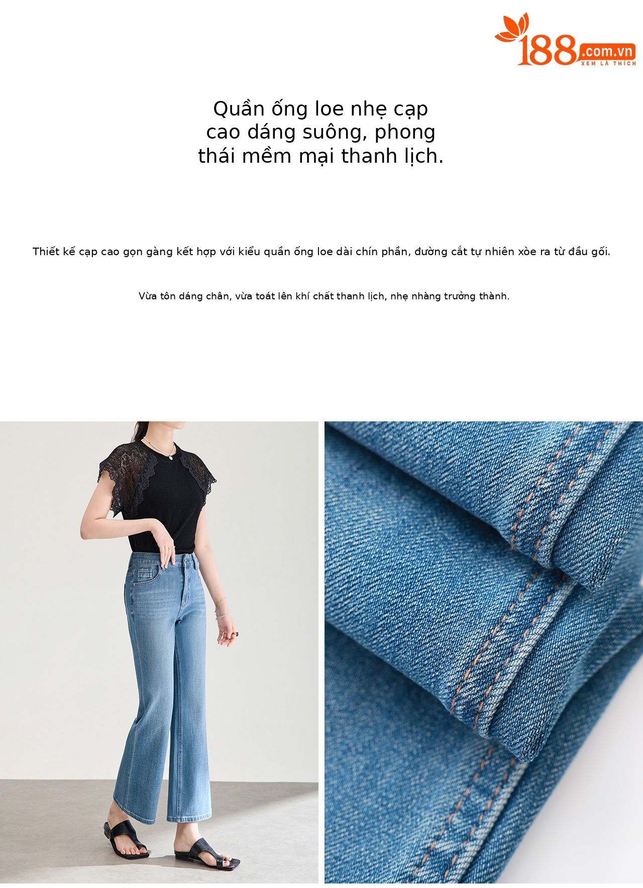 Quần jean nữ ống loe 9 phân, chất vải thun tứ chiều co giãn, nâng mông, phong cách retro — xanh lam chi tiết 8