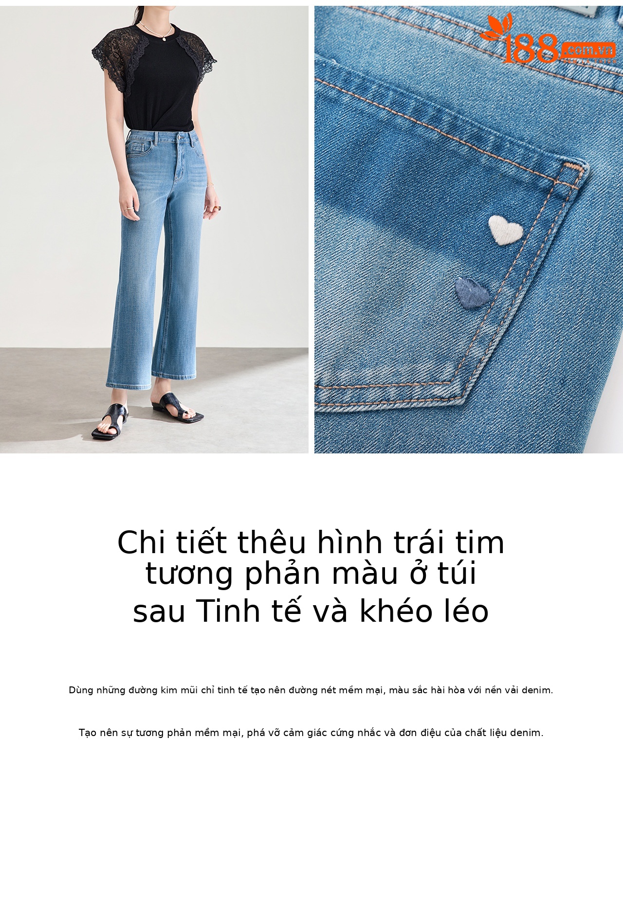 Quần jean nữ ống loe 9 phân, chất vải thun tứ chiều co giãn, nâng mông, phong cách retro — xanh lam chi tiết 10