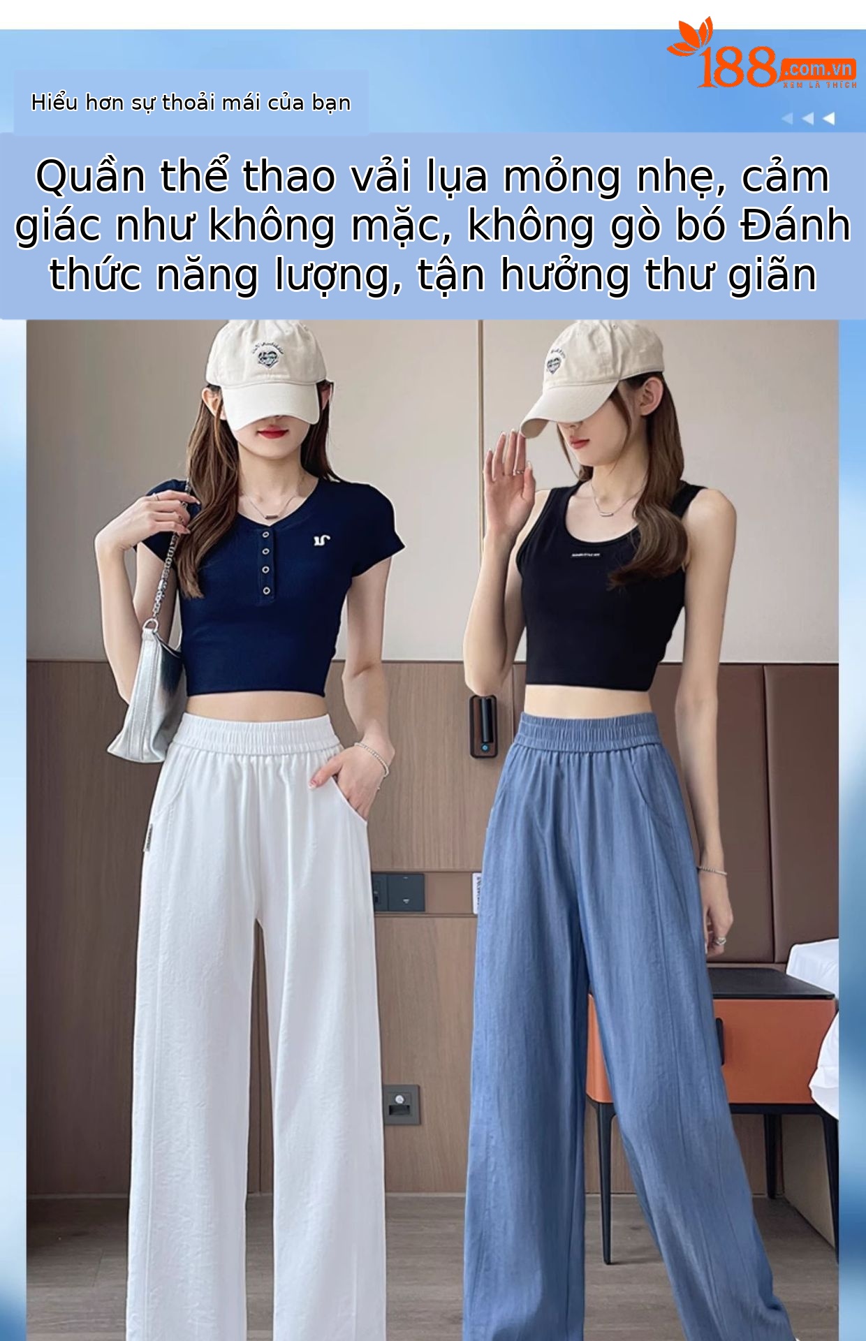 Quần culottes nữ ống rộng cạp cao chất liệu mềm mỏng mùa hè — màu xanh nhạt chi tiết 1