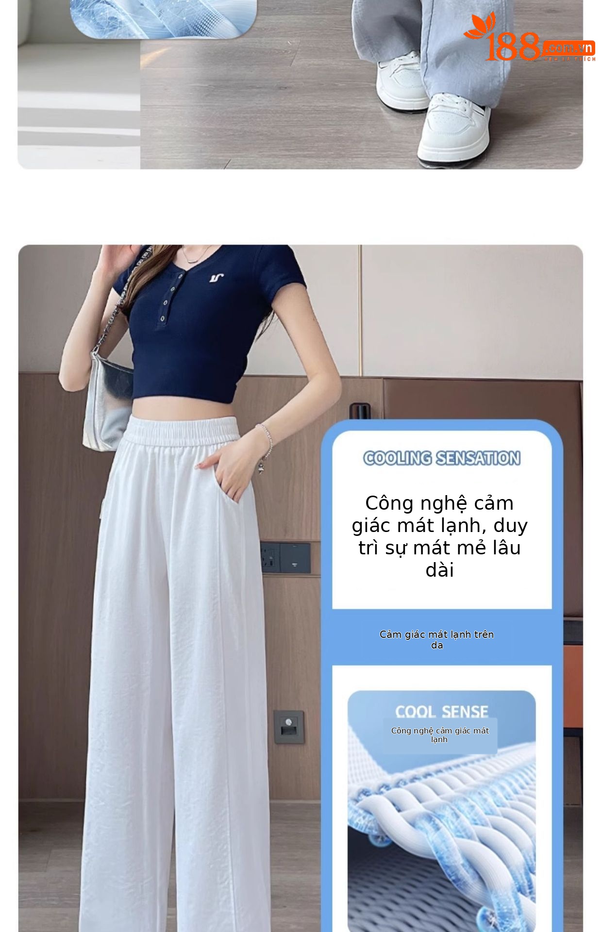 Quần culottes nữ ống rộng cạp cao chất liệu mềm mỏng mùa hè — màu xanh nhạt chi tiết 5
