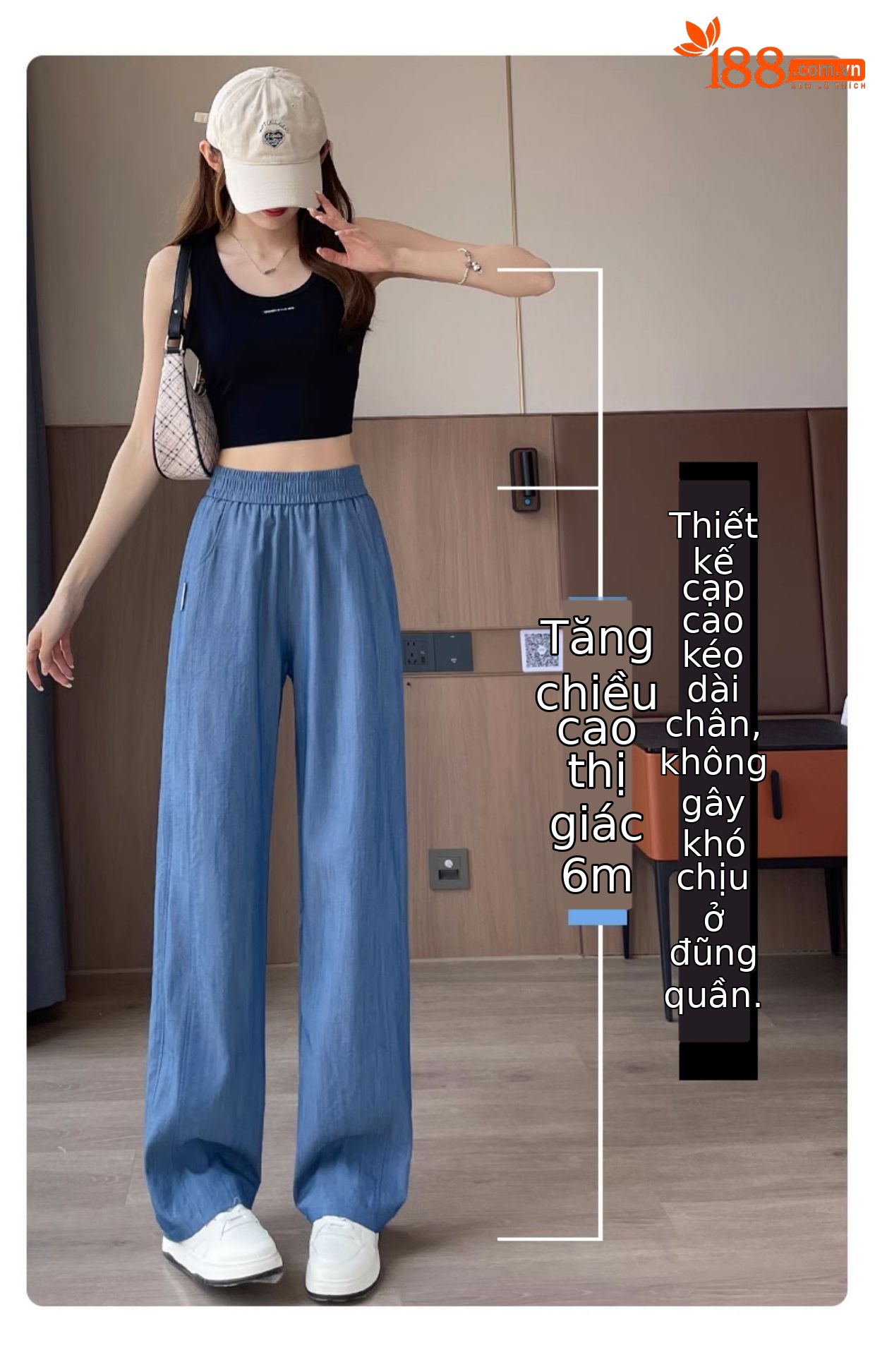 Quần culottes nữ ống rộng cạp cao chất liệu mềm mỏng mùa hè — màu xanh nhạt chi tiết 8