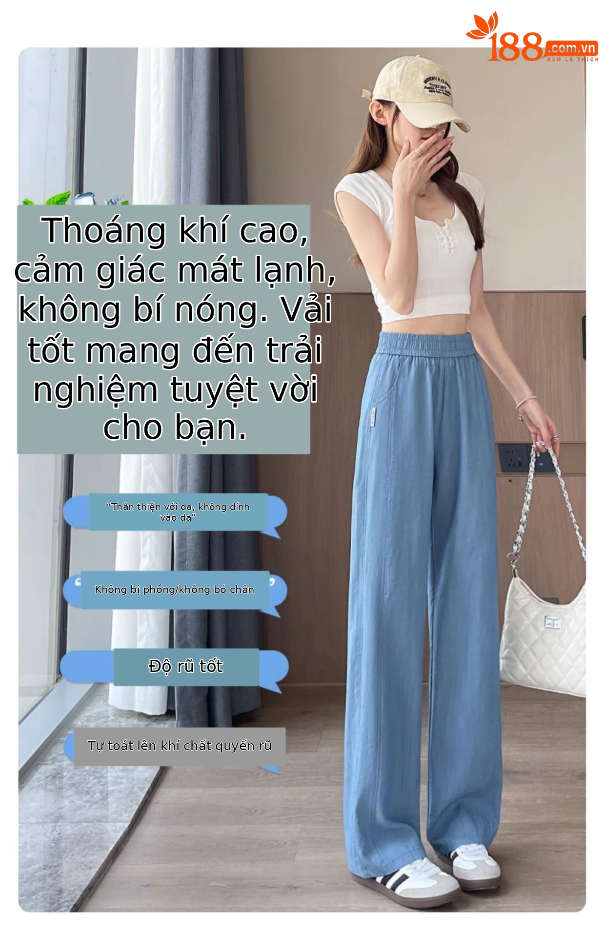 Quần culottes nữ ống rộng cạp cao chất liệu mềm mỏng mùa hè — màu xanh nhạt chi tiết 9