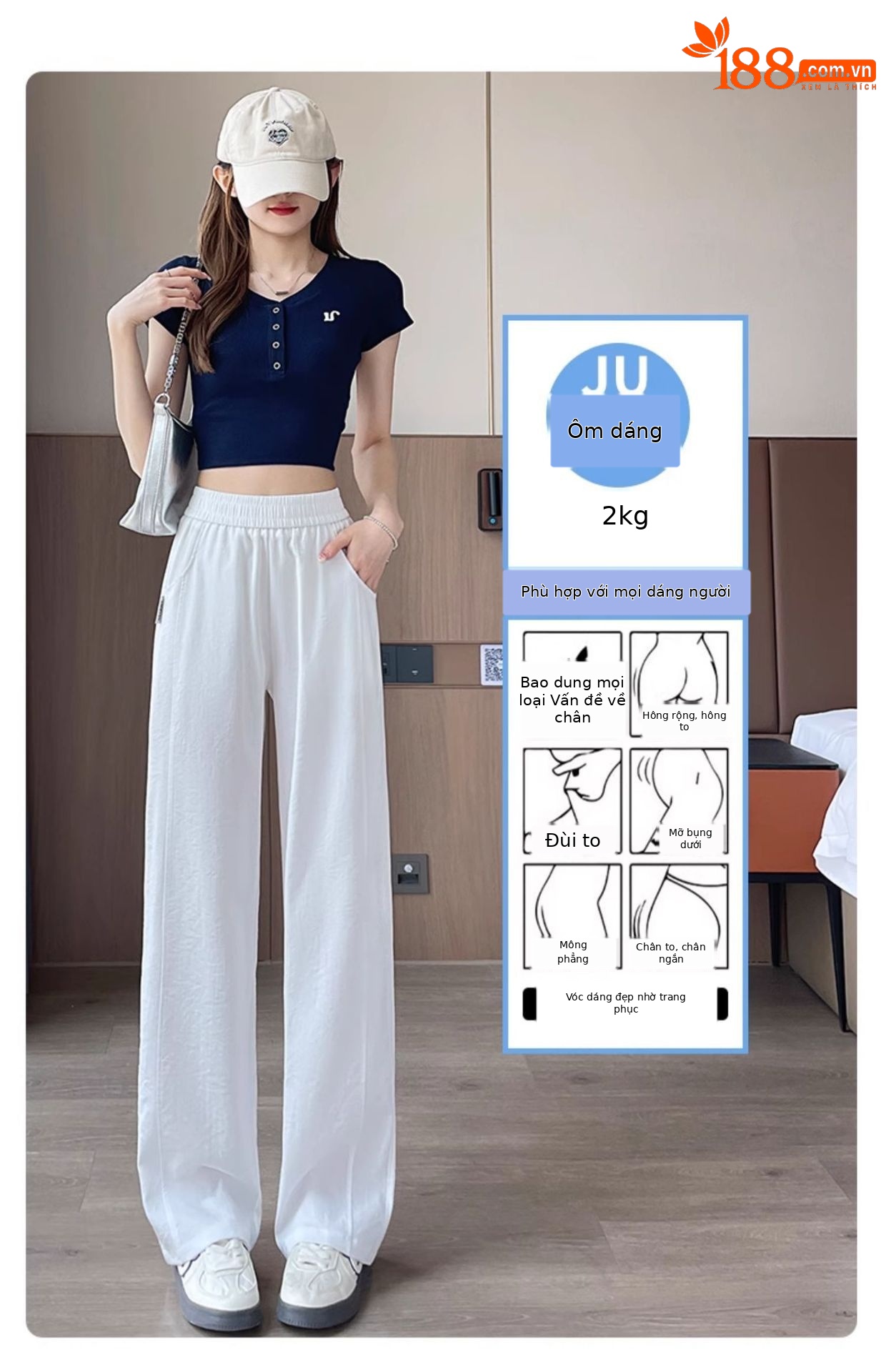 Quần culottes nữ ống rộng cạp cao chất liệu mềm mỏng mùa hè — màu xanh nhạt chi tiết 10