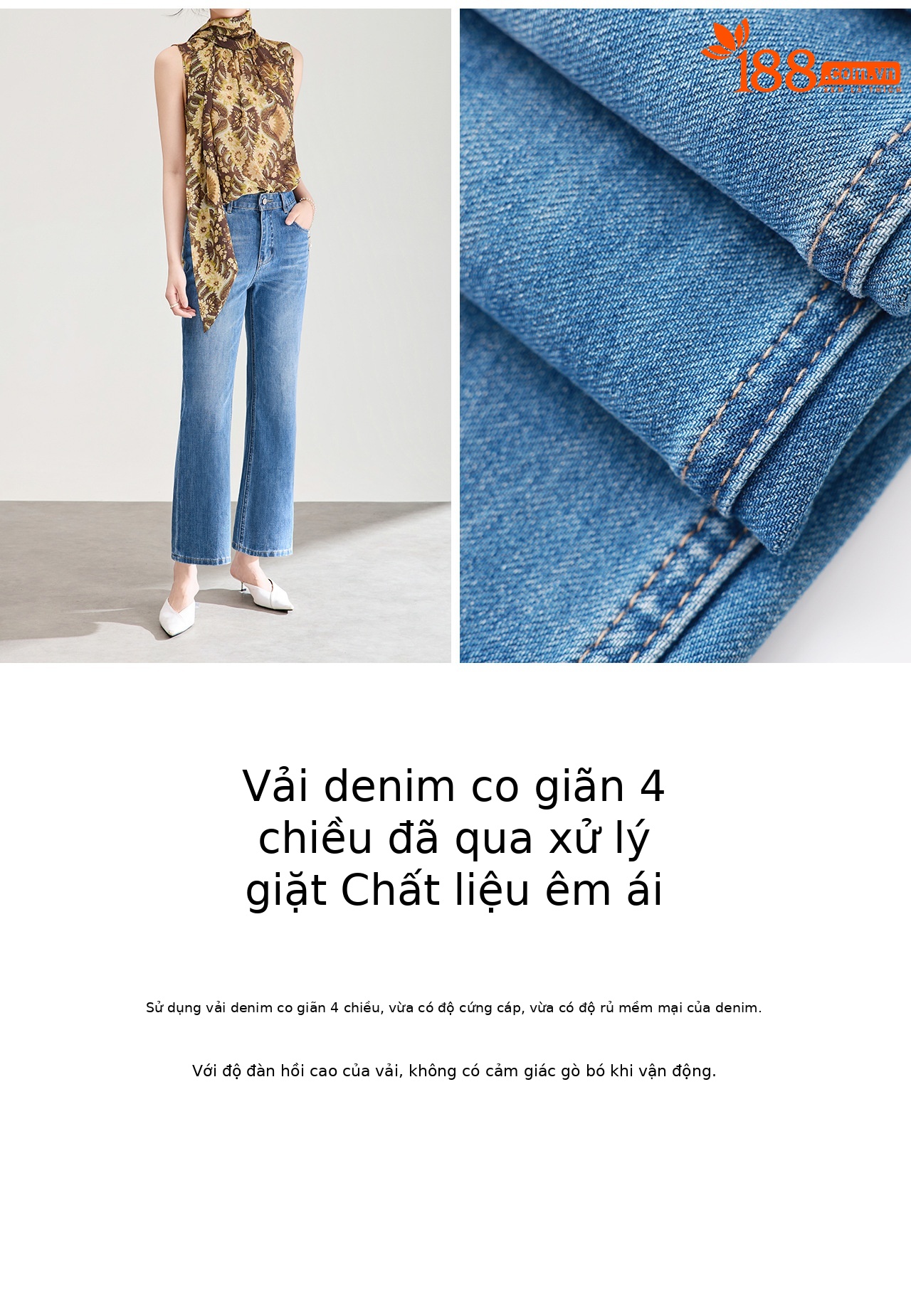 Quần jean nữ cạp cao ống suông vải cotton co giãn mềm mại — xanh lam chi tiết 10