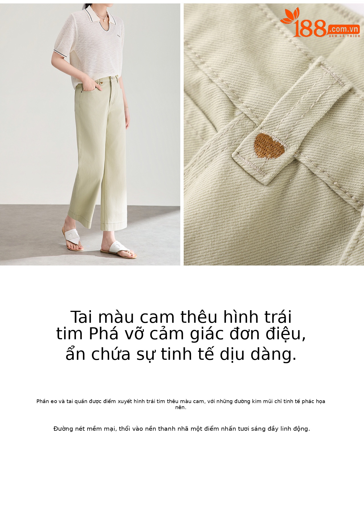 Quần jean nữ ống rộng cạp cao vải denim co giãn 4 chiều, phong cách vintage, dáng suông thoải mái — màu kaki chi tiết 10