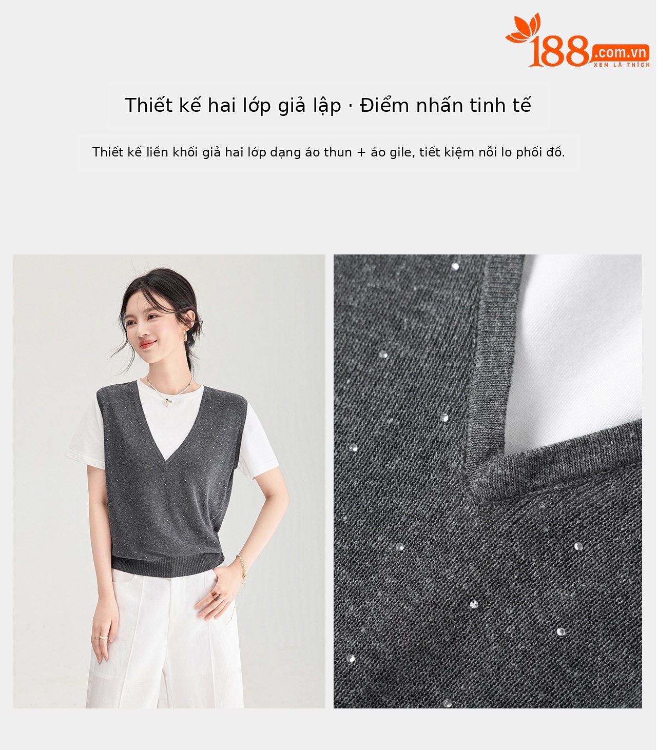Áo thun tay ngắn phối hai lớp họa tiết dệt kim sợi lanh mùa hè — xám đậm chi tiết 10
