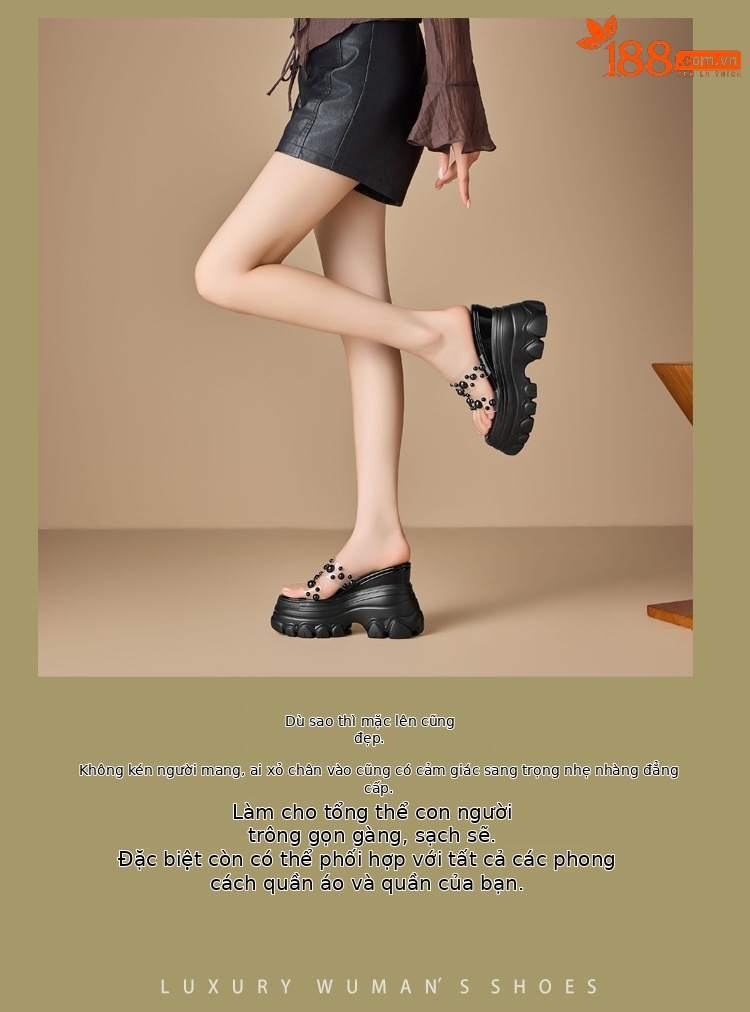 Dép sandal cao gót nữ đế trong suốt gót 12 cm quai ngang đính ngọc trai — màu đen, màu hồng, màu trắng ngà chi tiết 2