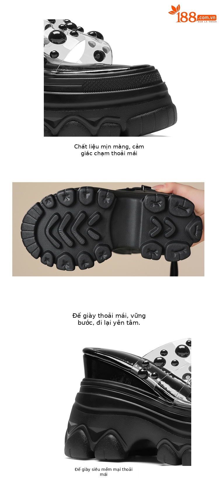 Dép sandal cao gót nữ đế trong suốt gót 12 cm quai ngang đính ngọc trai — màu đen, màu hồng, màu trắng ngà chi tiết 4