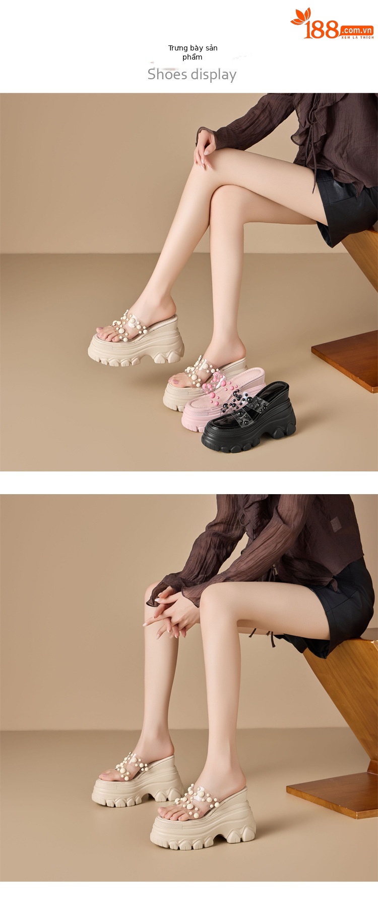 Dép sandal cao gót nữ đế trong suốt gót 12 cm quai ngang đính ngọc trai — màu đen, màu hồng, màu trắng ngà chi tiết 5