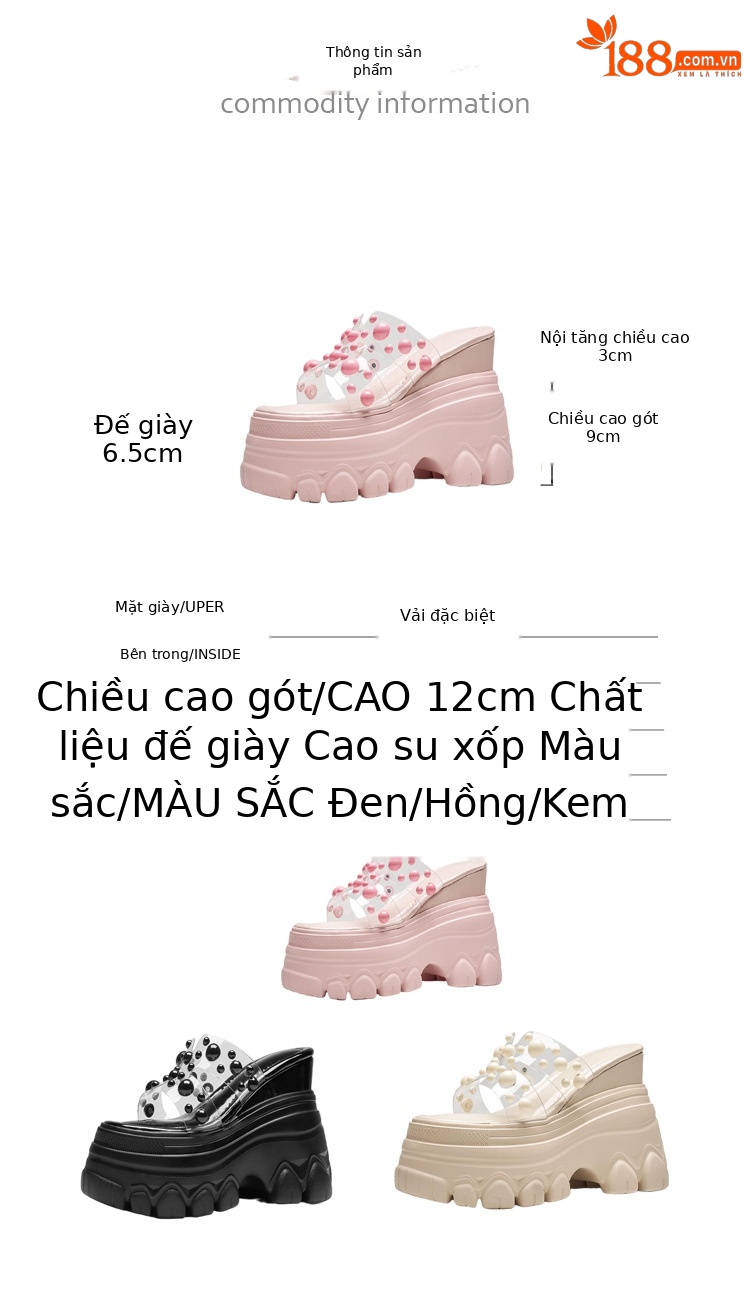 Dép sandal cao gót nữ đế trong suốt gót 12 cm quai ngang đính ngọc trai — màu đen, màu hồng, màu trắng ngà chi tiết 3