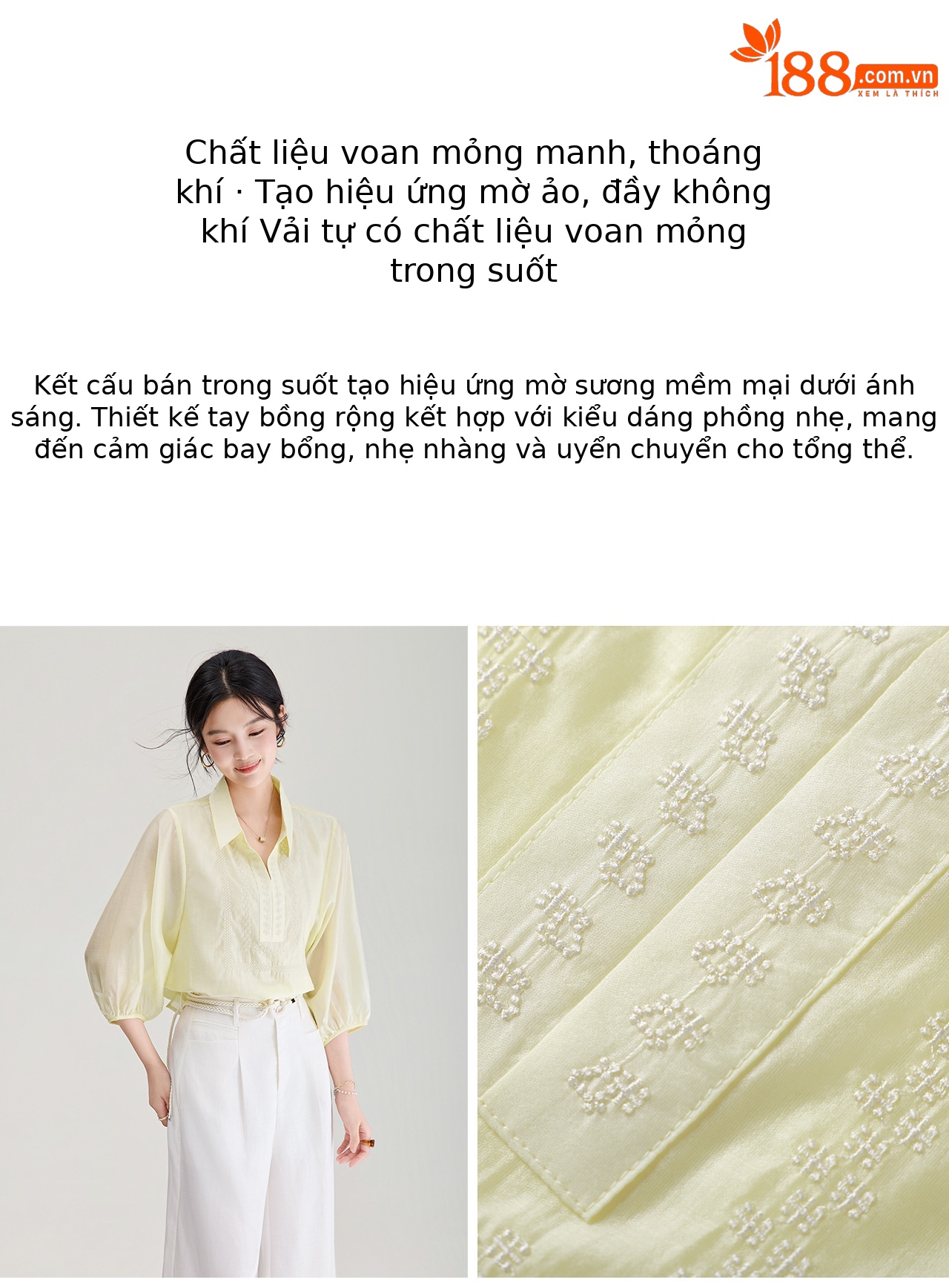 Áo sơ mi nữ tay lỡ thêu hoa tay chất liệu tencel cao cấp — màu trắng chi tiết 8