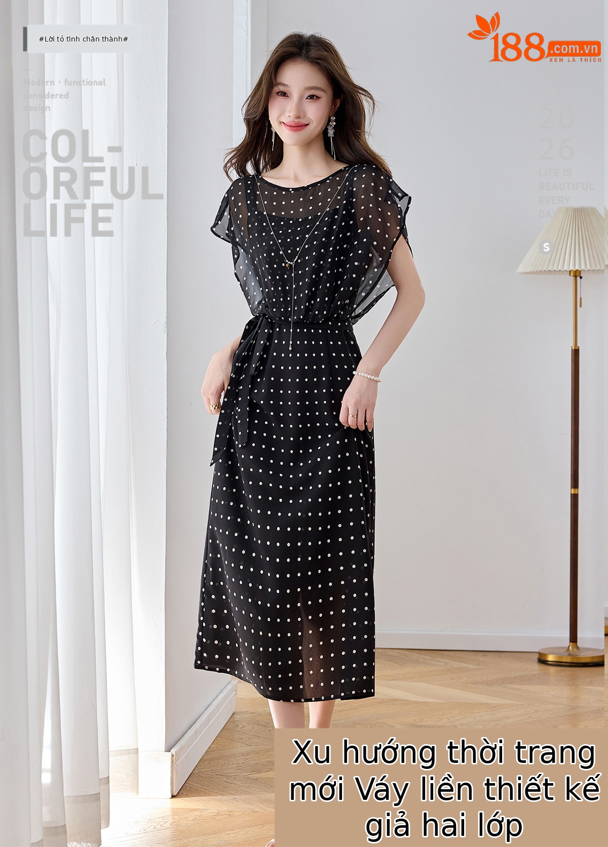 Đầm maxi nữ thắt eo thiết kế tân cổ điển cao cấp — màu đen, Chấm tròn chi tiết 1