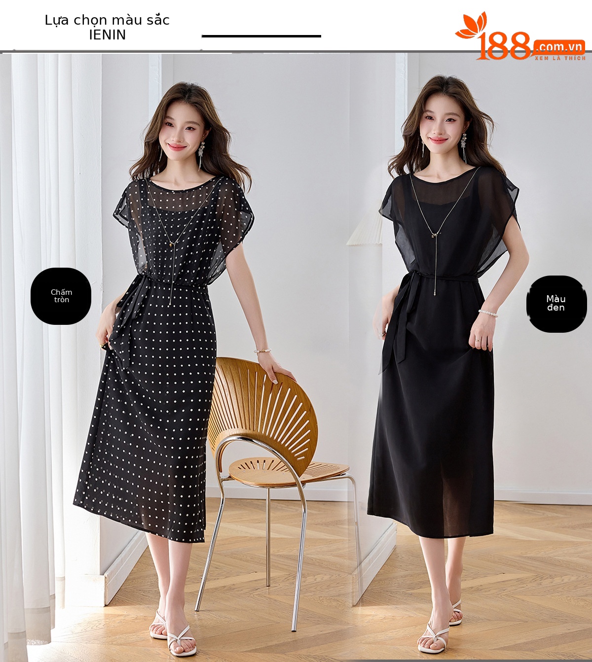 Đầm maxi nữ thắt eo thiết kế tân cổ điển cao cấp — màu đen, Chấm tròn chi tiết 2