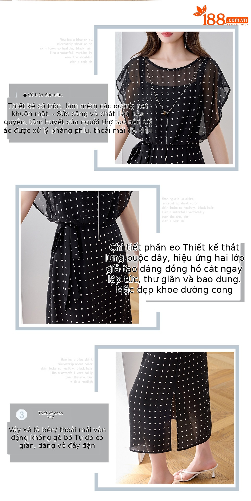 Đầm maxi nữ thắt eo thiết kế tân cổ điển cao cấp — màu đen, Chấm tròn chi tiết 3