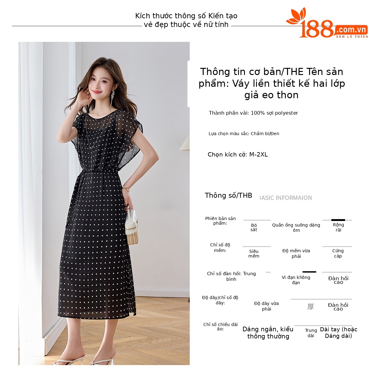 Đầm maxi nữ thắt eo thiết kế tân cổ điển cao cấp — màu đen, Chấm tròn chi tiết 5