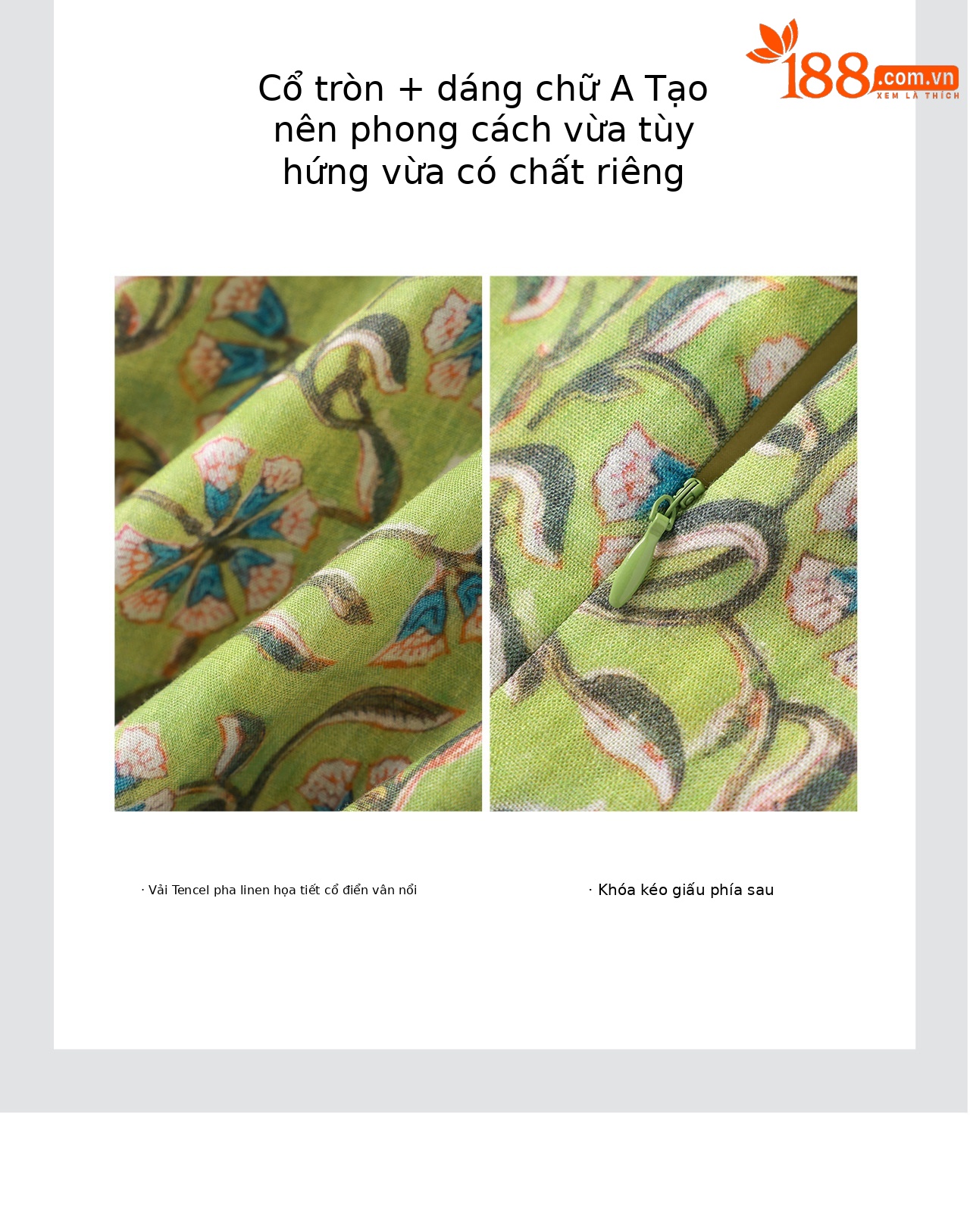 Đầm maxi nữ thắt eo tay ngắn họa tiết vintage chất lụa tơ tằm phối sợi gai — xanh lá cây chi tiết 9
