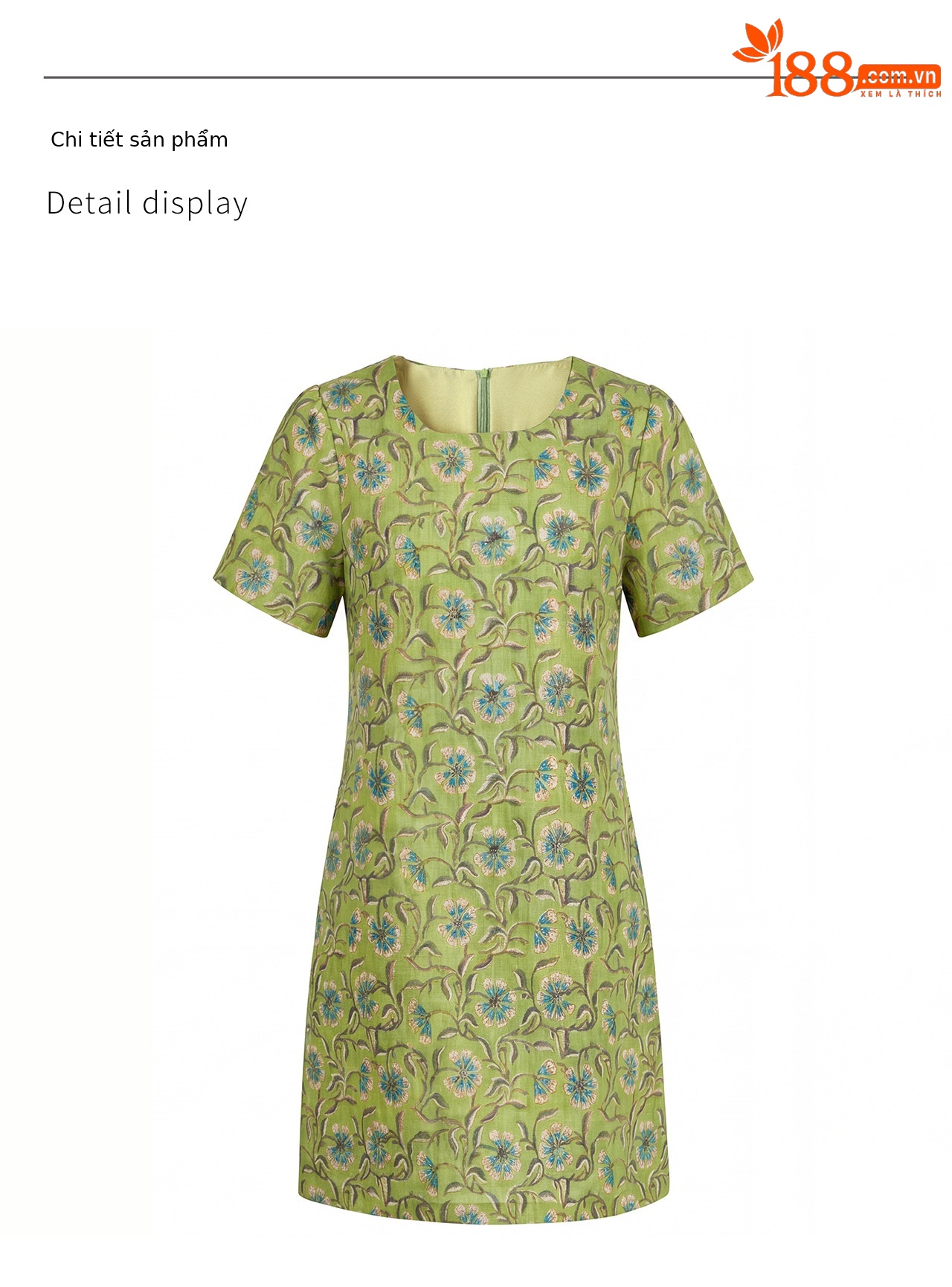 Đầm maxi nữ thắt eo tay ngắn họa tiết vintage chất lụa tơ tằm phối sợi gai — xanh lá cây chi tiết 16