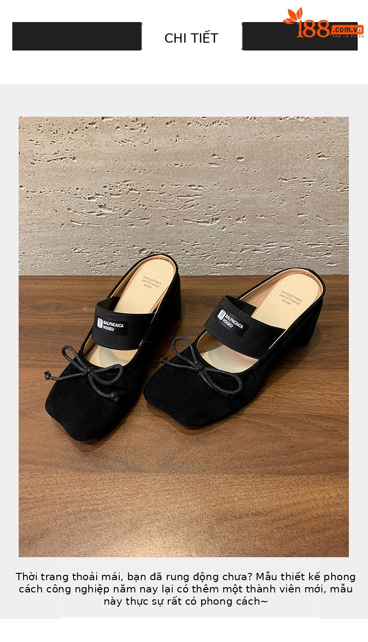 Mule nữ gót thấp hở gót trơn phong cách Pháp – nơ bướm chấm bi, mũi nhọn, gót 7 cm — Đen (lông cừu lộn), Chấm bi trắng (da bò) chi tiết 2