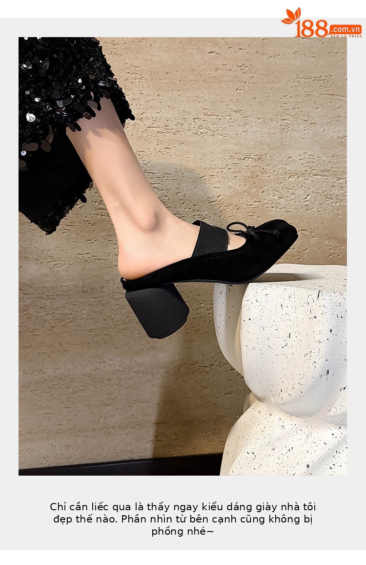 Mule nữ gót thấp hở gót trơn phong cách Pháp – nơ bướm chấm bi, mũi nhọn, gót 7 cm — Đen (lông cừu lộn), Chấm bi trắng (da bò) chi tiết 4