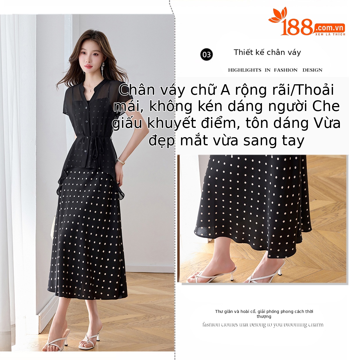 Đầm suông nữ midi hai mảnh che eo 2026 mùa hè — Áo chấm bi, Áo đen chi tiết 5