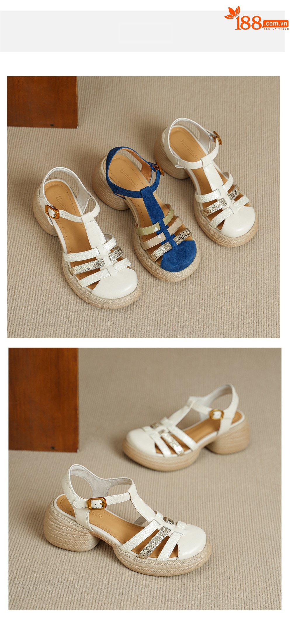 Sandal nữ quai chữ T đan dây đế dày gót thô 6.5cm phong cách La Mã — Màu xanh da trời chi tiết 11