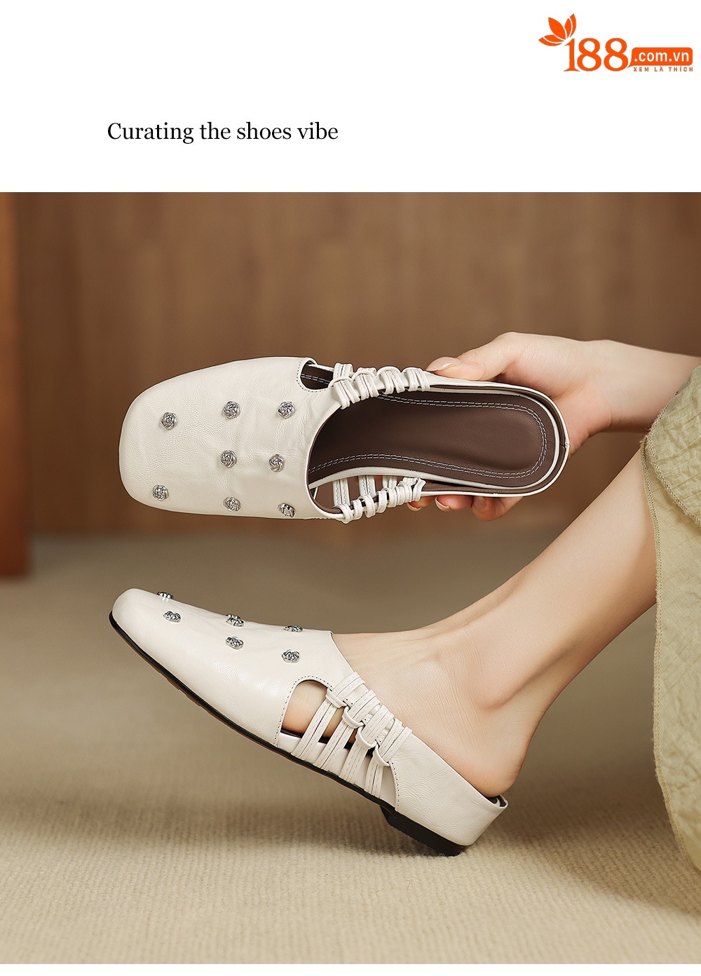 Dép sandal nữ quai chữ V mũi hoa, gót xuồng da dê, đế bệt thoải mái — đen chi tiết 6