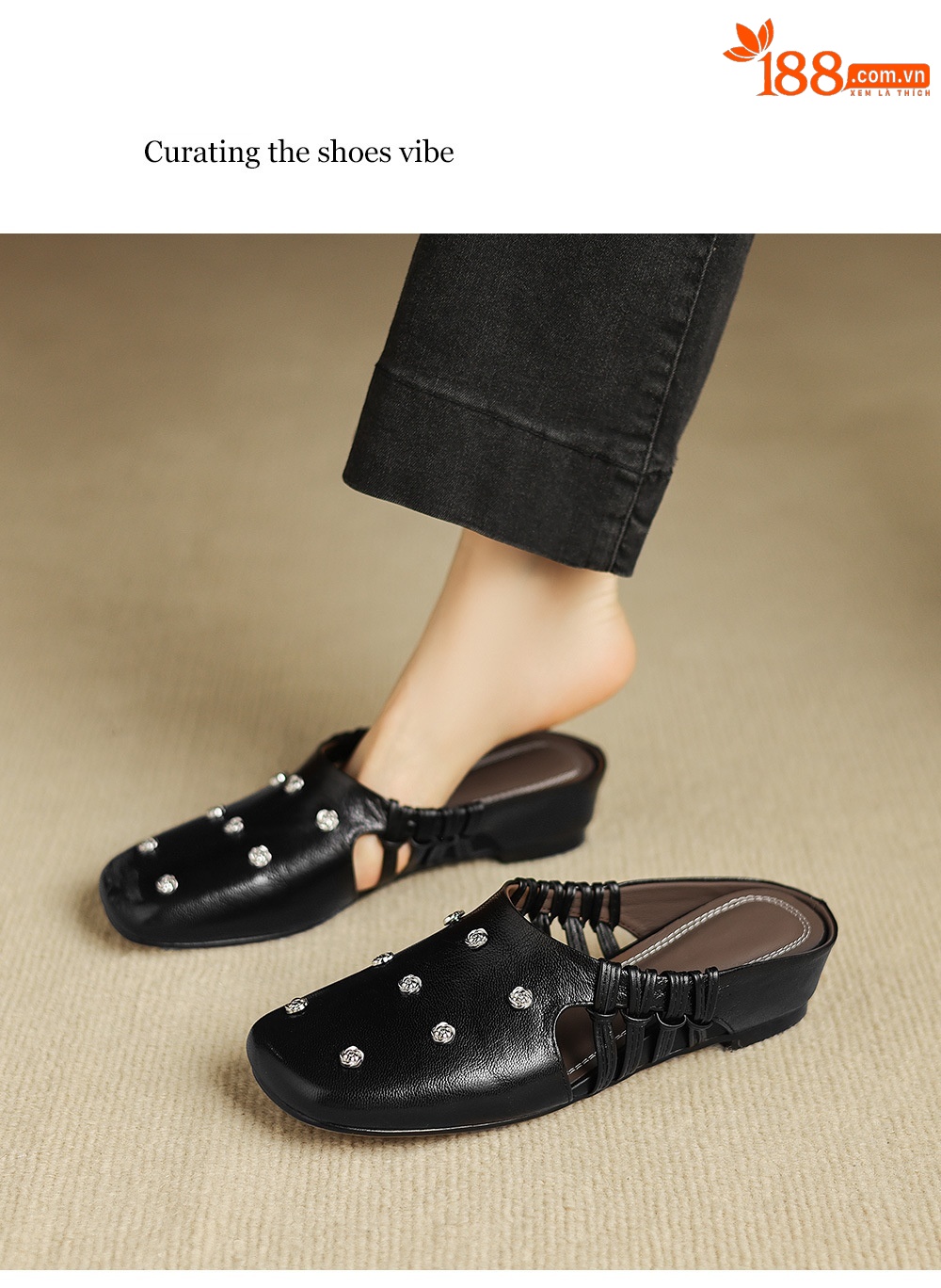 Dép sandal nữ quai chữ V mũi hoa, gót xuồng da dê, đế bệt thoải mái — đen chi tiết 9