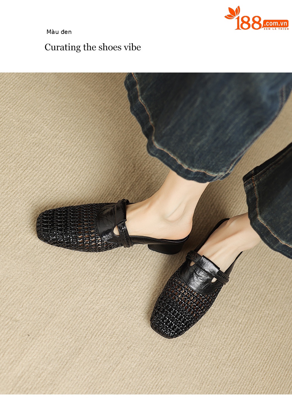Dép sandal nữ quai chữ V đan dệt, gót thấp 3 cm, phong cách vintage — đen chi tiết 10
