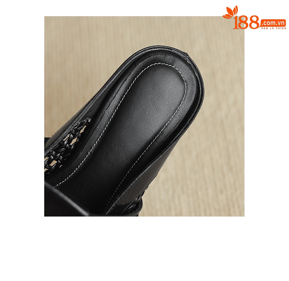 Dép sandal nữ quai chữ V đan dệt, gót thấp 3 cm, phong cách vintage — đen chi tiết 24