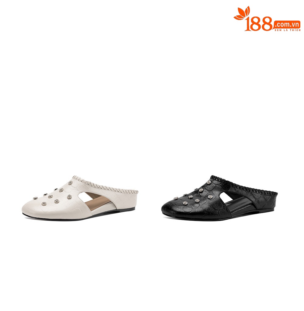 Sandal nữ hở mũi gót thấp da cừu vân đá, hoa đính mũi — đen chi tiết 4