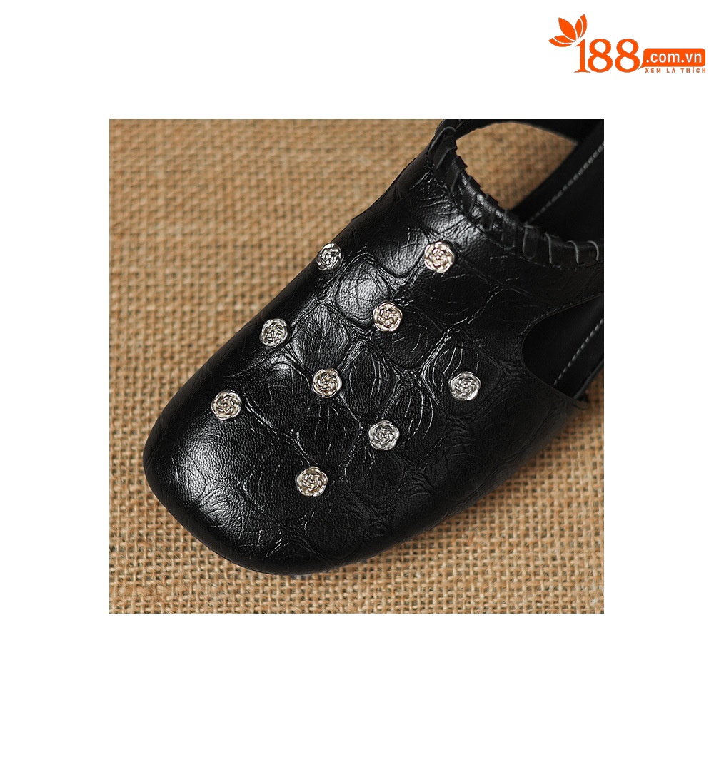 Sandal nữ hở mũi gót thấp da cừu vân đá, hoa đính mũi — đen chi tiết 21