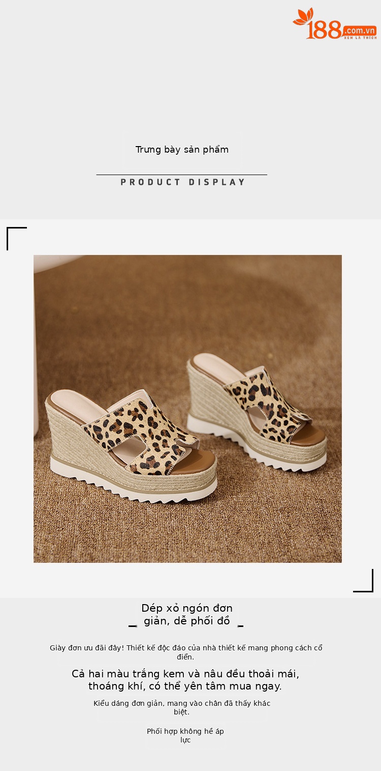 Dép sandal nữ quai ngang họa tiết da báo, đế xuồng bện rơm, gót cao 8 cm — Trang chủ chi tiết 7