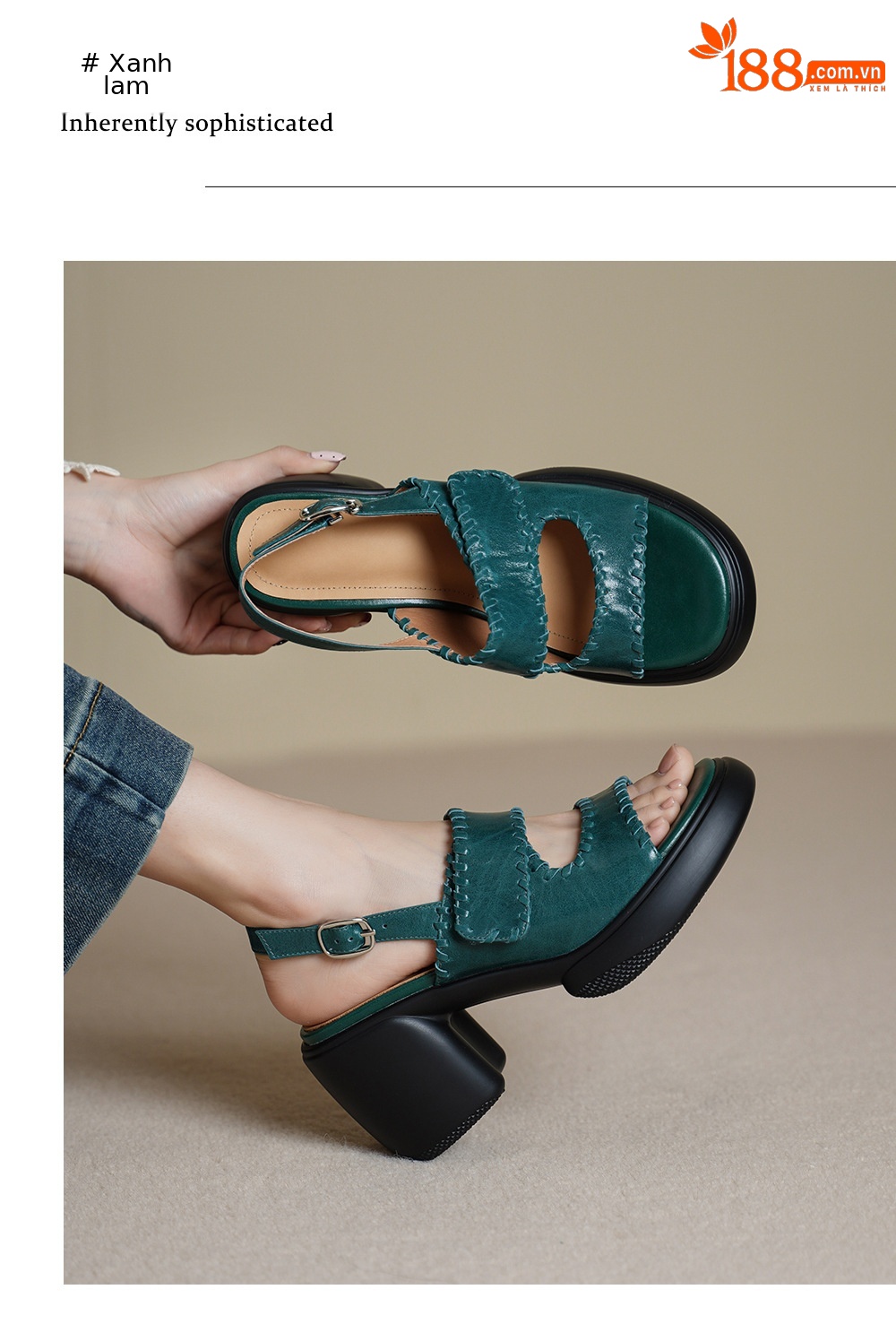 Sandal cao gót nữ hở mũi da bò gót vuông 8 cm đế dày — đen chi tiết 3