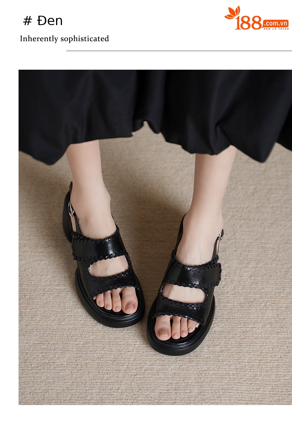 Sandal cao gót nữ hở mũi da bò gót vuông 8 cm đế dày — đen chi tiết 4