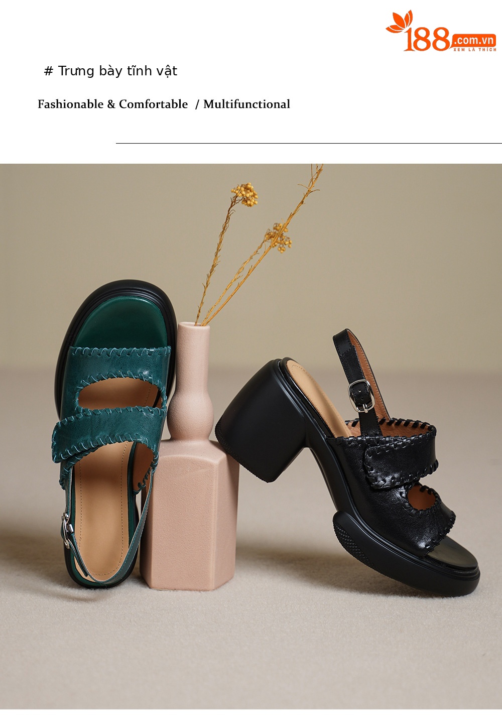 Sandal cao gót nữ hở mũi da bò gót vuông 8 cm đế dày — đen chi tiết 10