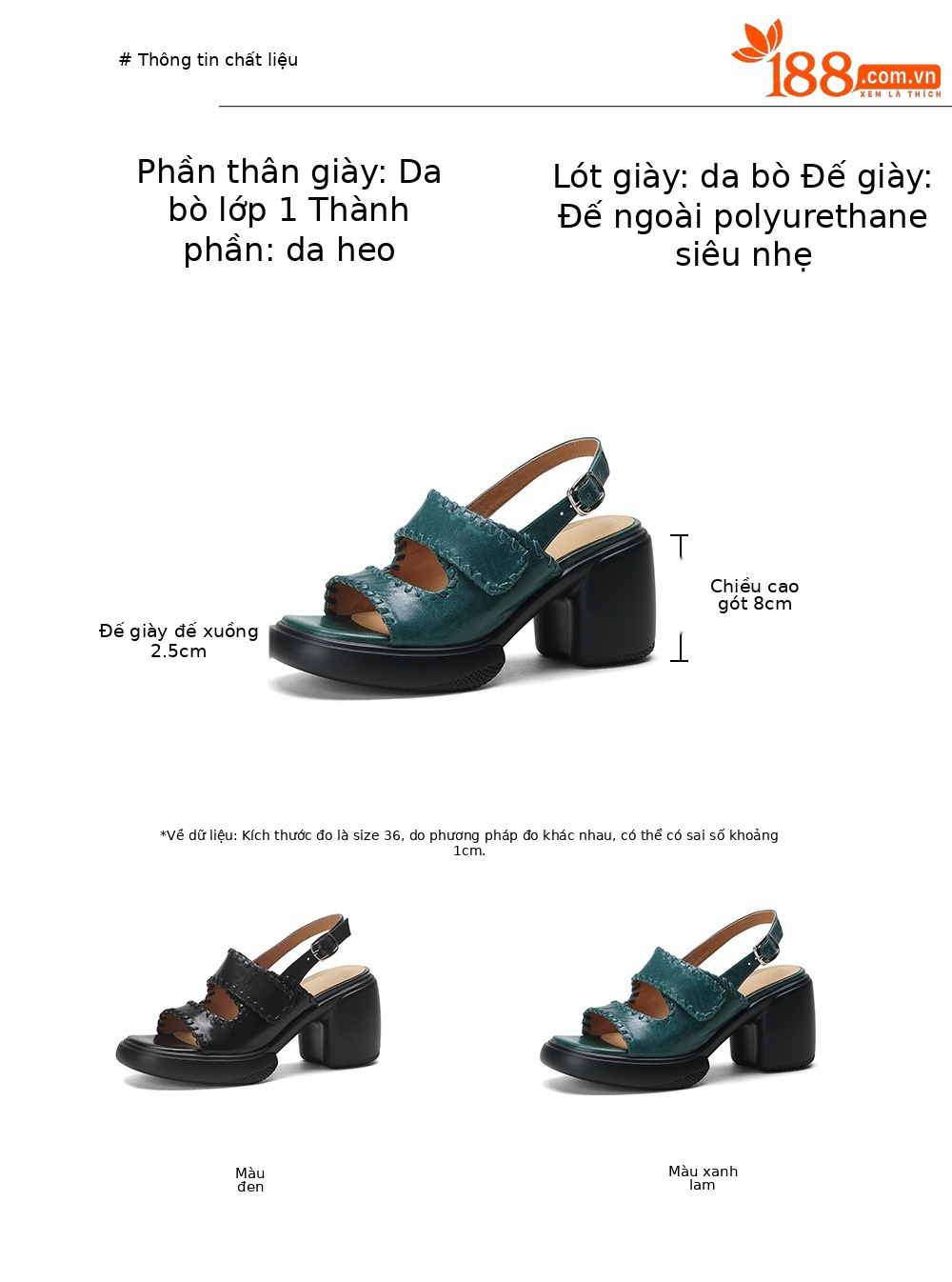 Sandal cao gót nữ hở mũi da bò gót vuông 8 cm đế dày — đen chi tiết 1